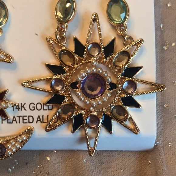 Brand New 14K Gold Plated Alloy Sun & Star Dangly Drop Earrings - Picture 5 of 9